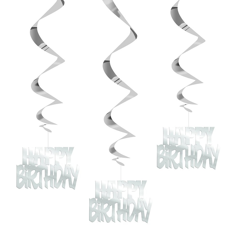 Unique Industries, Hanging Happy Birthday Decorations, 32 Inches, Party Supplies - Silver, Pack of 3