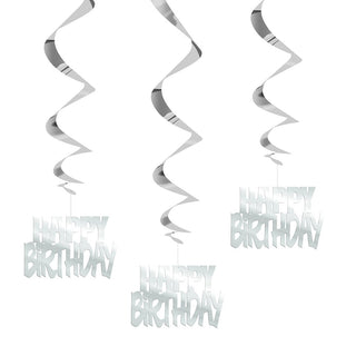 Unique Industries, Hanging Happy Birthday Decorations, 32 Inches, Party Supplies - Silver, Pack of 3