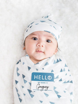 Mary Meyer Lulujo Baby Hello World Newborn Hat and Swaddle Blanket Set, Triangle Blue