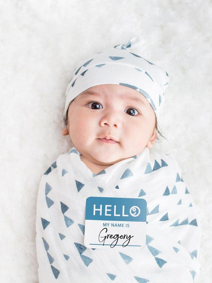 Mary Meyer Lulujo Baby Hello World Newborn Hat and Swaddle Blanket Set, Triangle Blue