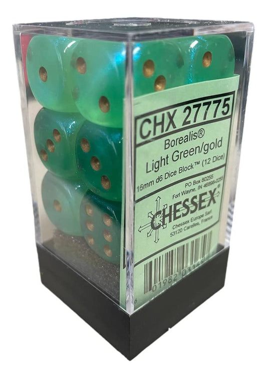 Chessex Borealis 16mm d6 Light Green/Gold Luminary Dice Block (12 dice) (27775)