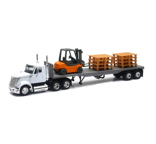 New Ray Toys 16643 Newray 1: 43 Long Haul Trucker - International Lonestar Flatbed with Forklift & Pallets, White