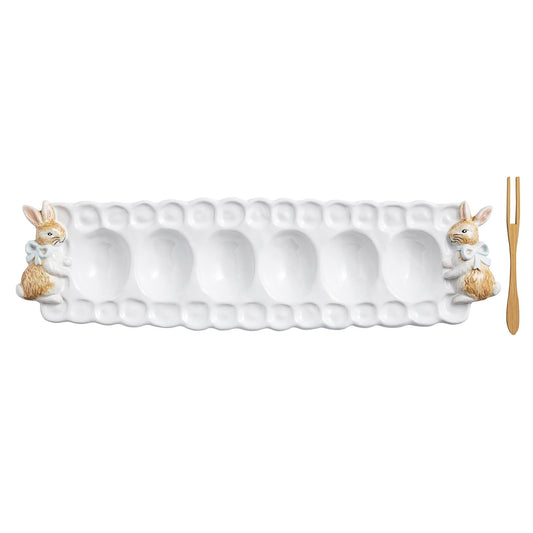 Mud Pie Tray, tray 3 1/4" x 13 3/4" | fork 5", White With Bunny