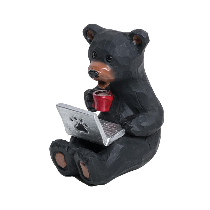 Lipco Carved Wood Look Bear with Laptop and Coffee Figurine, Polyresin, 4.3-inches Height, Home Decor Accessories