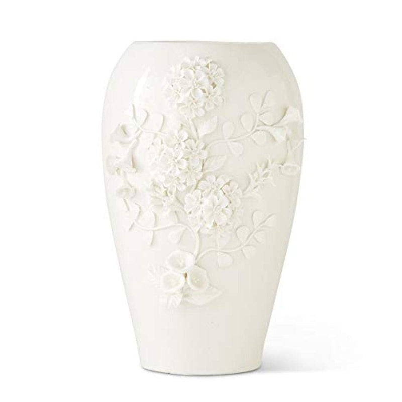 K&K Interiors 16334C 14 Inch White Ceramic Vase with Raised Dianthus Flowers