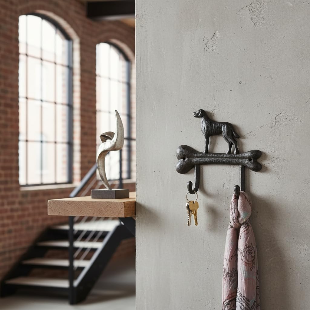 Comfy Hour Cast Iron Dog On Bone Double Key Coat Hooks Clothes Rack Wall Hanger, Heavy Duty Recycled