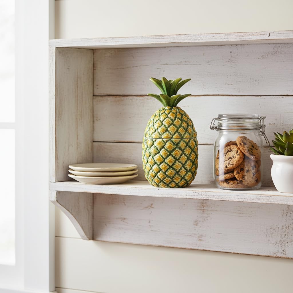 Comfy Hour Farmhouse Home Decor Collection 9" Pineapple Storage Jar Candy Jar Cooky Jar Cookie Jar with Lid, Green and Yellow, Dolomite