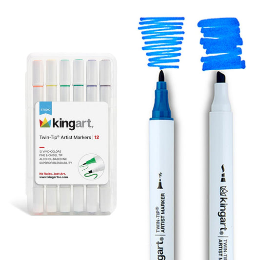 KINGART Studio Twin-Tip‚Ñ¢ Permanent Alcohol-Based Sketch Markers, Storage/Travel Case, Set of 12 Unique Colors