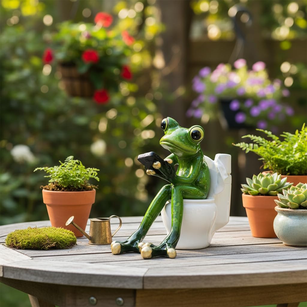 Comfy Hour Farmhouse Home Decor Collection Resin 5" Frog On Close Stool Desktop Decoration, Polyresin