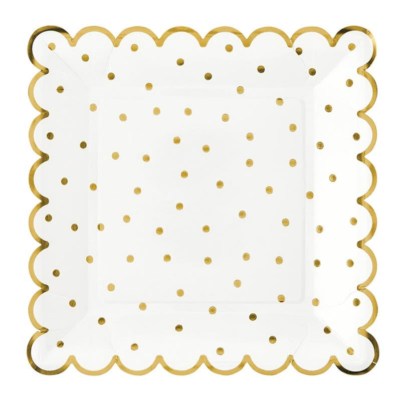 Slant Collections 8-Count Disposable Dinner Size Square Scalloped Paper Plates, 9-Inch, Gold Dot