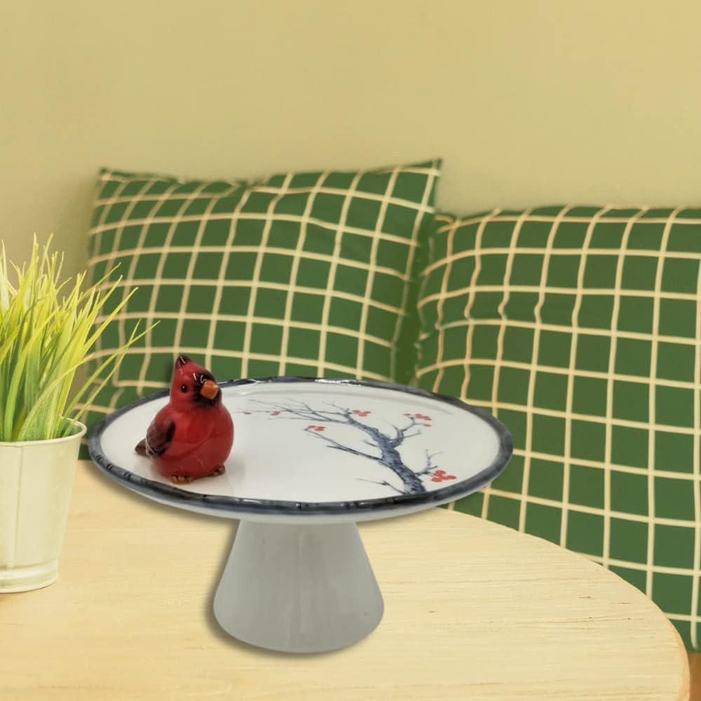 Comfy Hour Farmhouse Home Decor Collection Cake Plate Decorated with Red Cardinal and Decal Tree/Flower, Cake Stand, 7-Inch Diameter, Dolomite