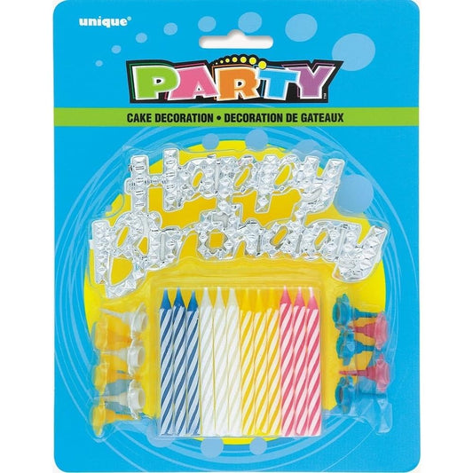Unique Industries Assorted Striped Birthday Candles with Holders & Happy Birthday Cake Decoration, 25pc