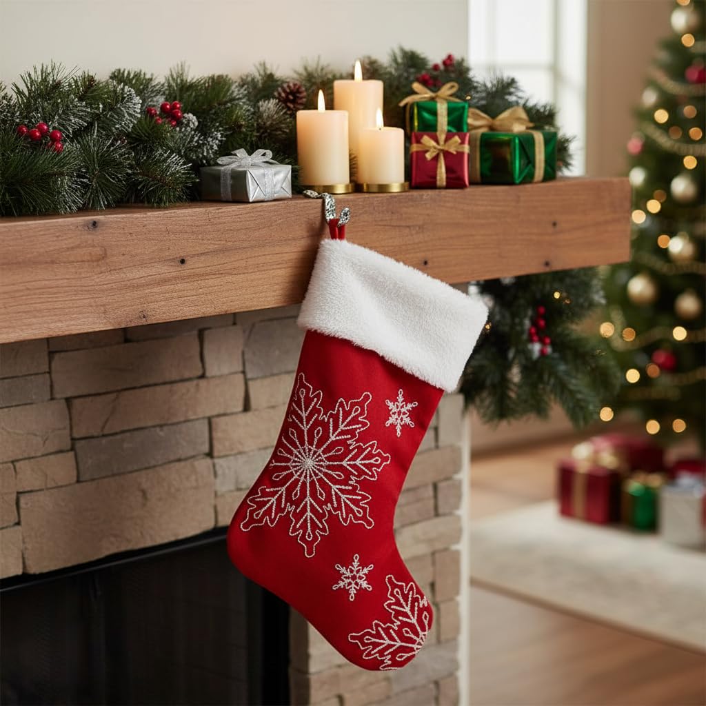 Comfy Hour Winter Holiday Home Collection 18"x11" Christmas Winter Snowflake Stocking, Red, Polyester