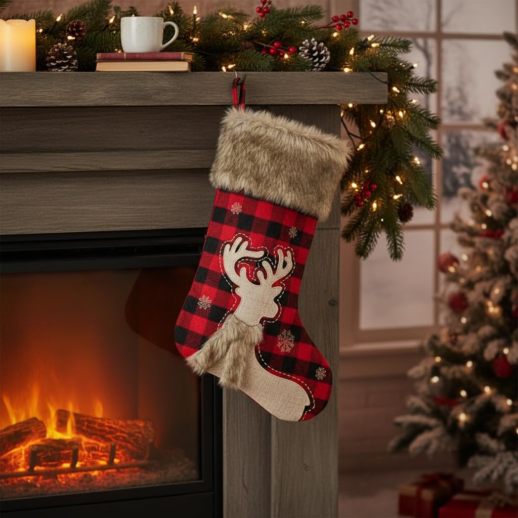 Comfy Hour 20 Inch Deer Christmas Stocking, Buffalo Plaid, 1 Piece