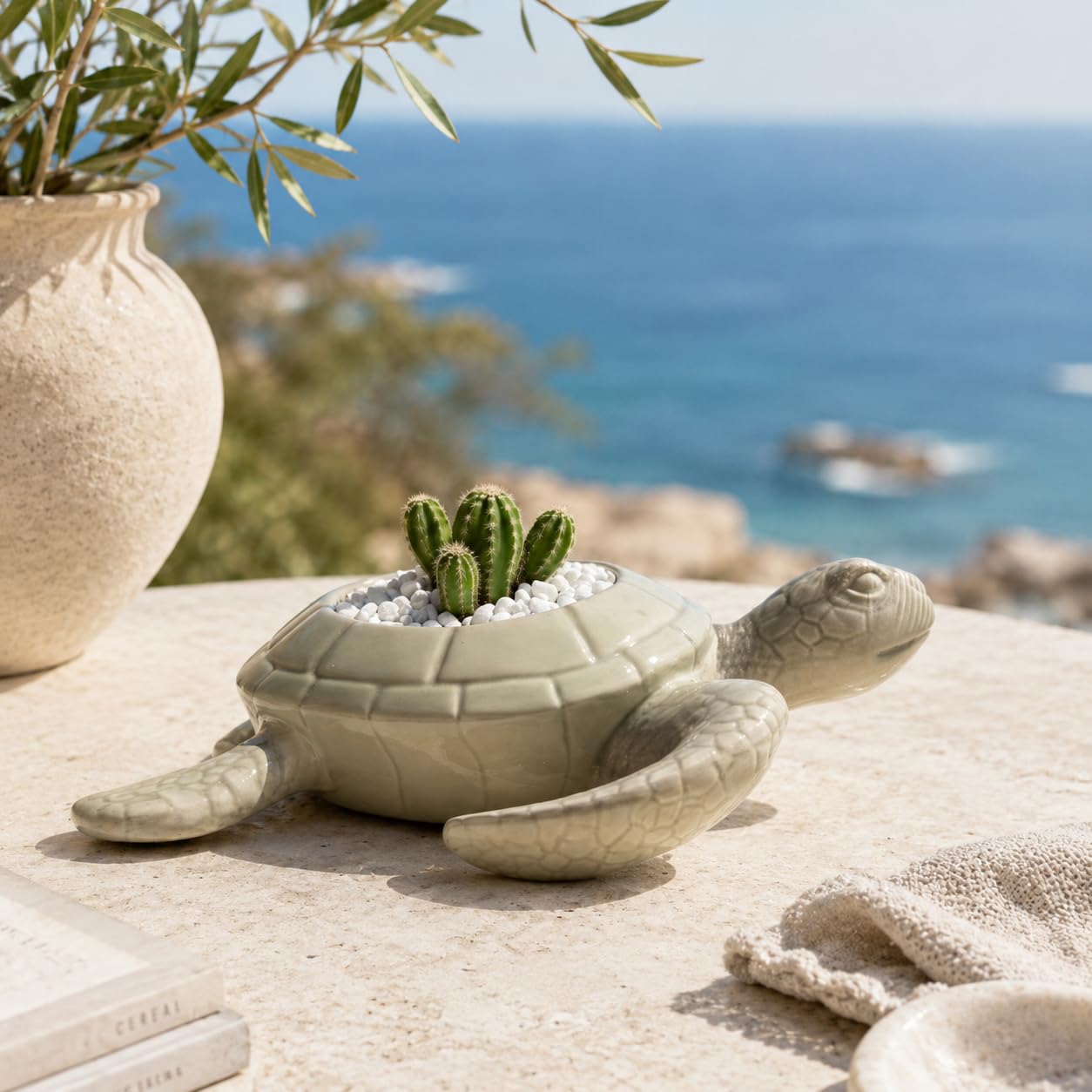 Comfy Hour 9" Ceramic Turtle Succulent Planter Flower Bud Pot Decorative Vase Small Plant Container, Palegreen
