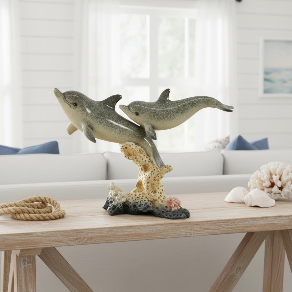 Comfy Hour Under The Sea Collection 7-Inch Two Swimming Dolphins On Coral Pedestal Coastal Ocean Theme Decoration, High Gloss Finish, Polyresin