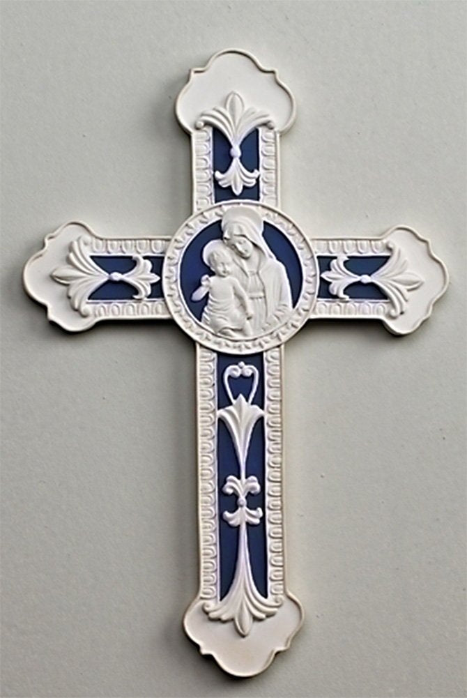 Roman Della Robbia Madonna and Child White Blue 9 inch Decorative Wall Cross