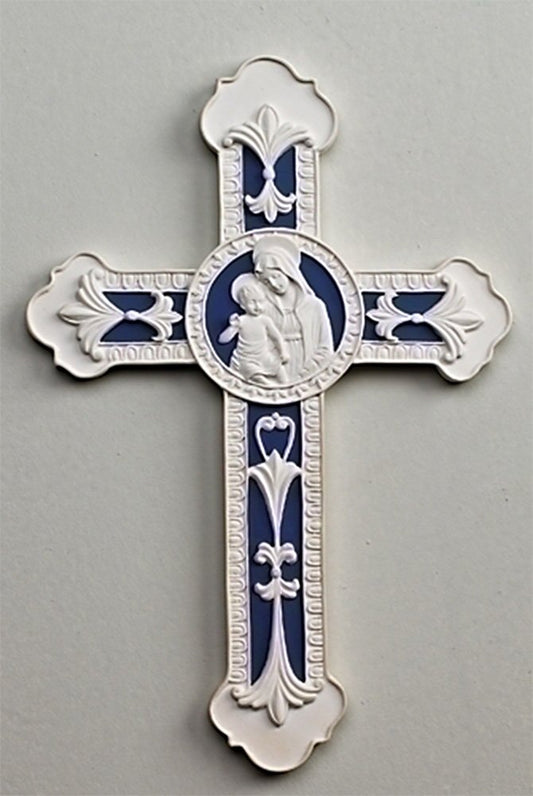 Roman Della Robbia Madonna and Child White Blue 9 inch Decorative Wall Cross