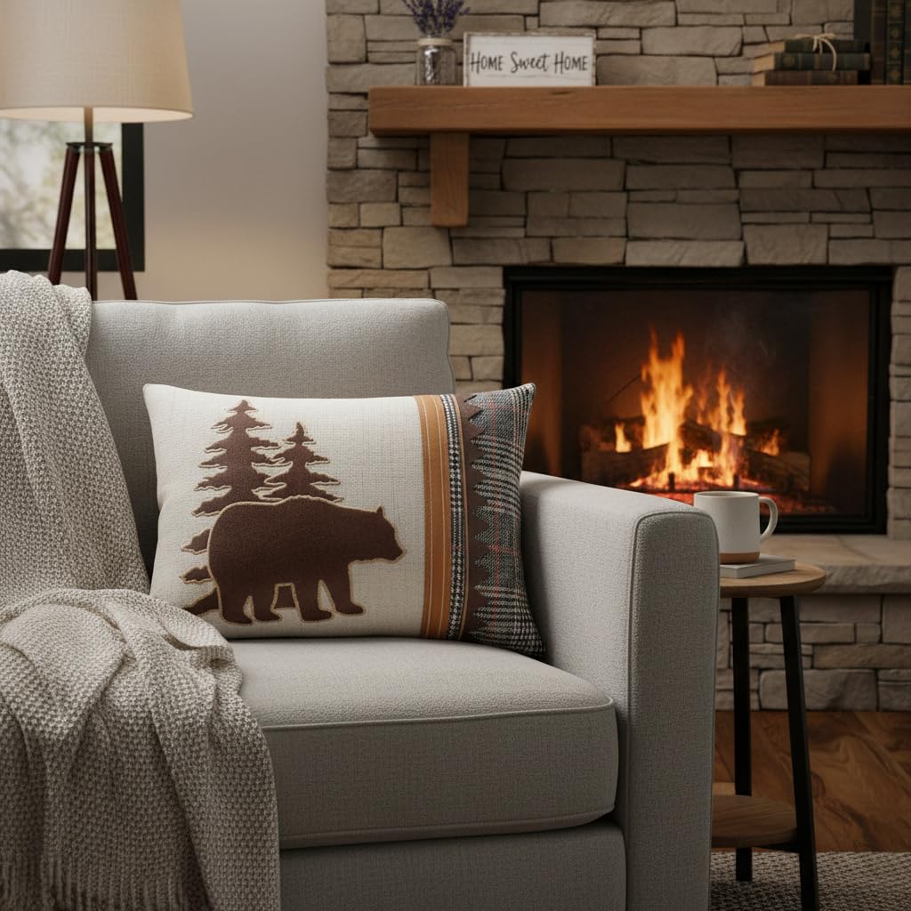 Comfy Hour 18 x 13 Inch Bear Pillow, Plaid Cabin Lumbar Throw Pillow