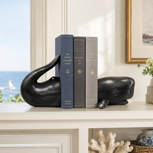 Comfy Hour Farmhouse Home Decor Collection Resin Set 2 Whale Bookends Art Bookends Solid Heavy Weight, Black