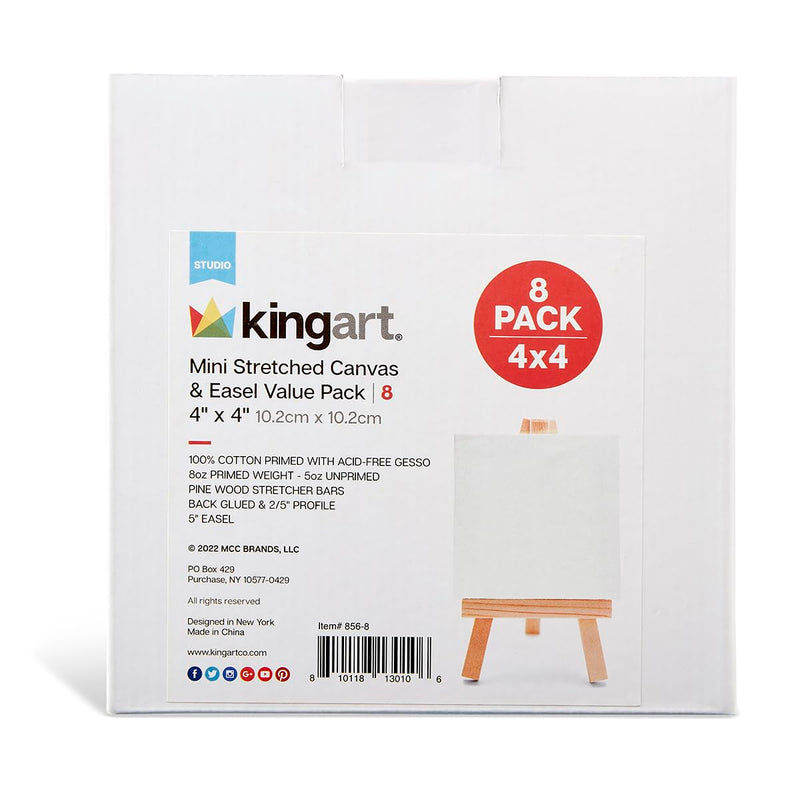 KINGART 856-8 White Mini 4" x 4" Stretched Artist Canvas w/Display Easels, Value Pack of 8 ea. Square Canvases & Wood Easels, Gesso Primed - 100% Cotton, Art Supplies for Oil and Acrylic Painting