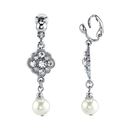 1928 Jewelry Women's Silver Tone Flower Crystal Cluster And Faux Pearl Clip On Earrings