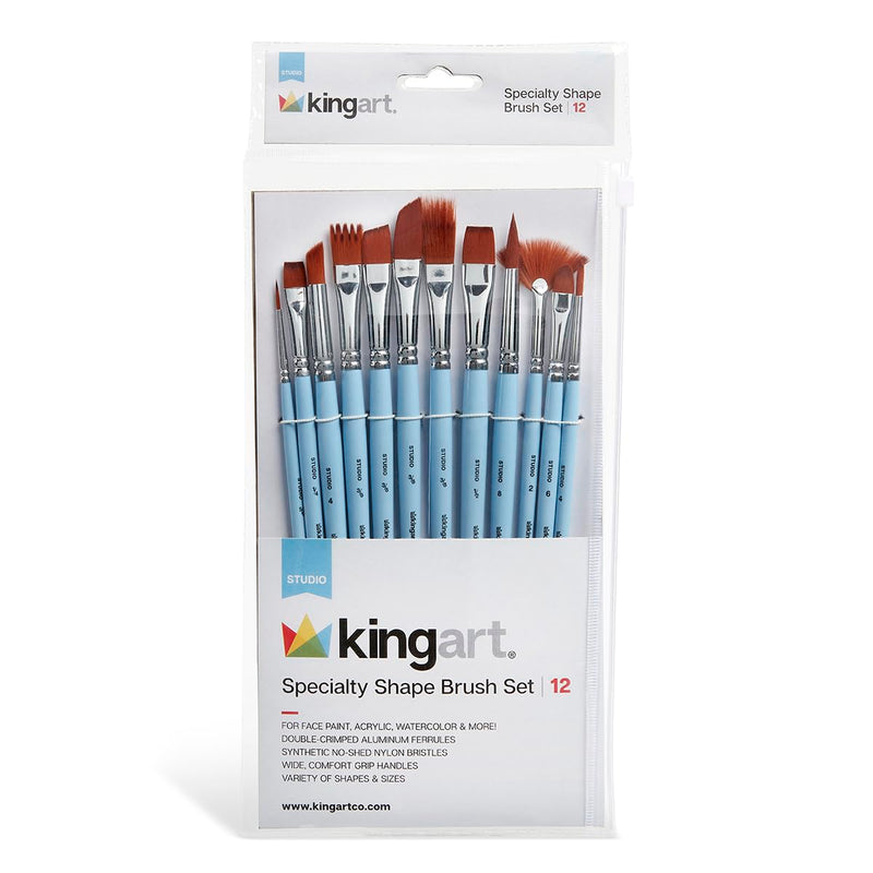 KINGART 252-12 Creative Studio Brush Set, 12 Specialty Shaped Brushes for Special Effects in All Media, Brown Nylon Hair, Short Handle, Rock Painting, Face Painting, Canvas, Ceramic, Craft and Hobby