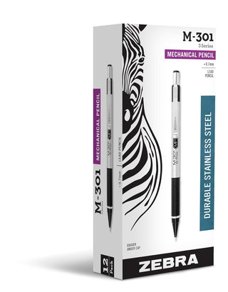 Zebra Pen M-301 Mechanical Pencil, Stainless Steel Barrel, Medium Point, 0.7mm, Black Grip, 12-Pack