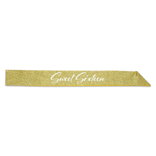 Beistle Glittered Sweet Sixteen Happy Birthday Sash Party Favors Supplies Costume Accessories, 32.5" x 3.5", Gold/White