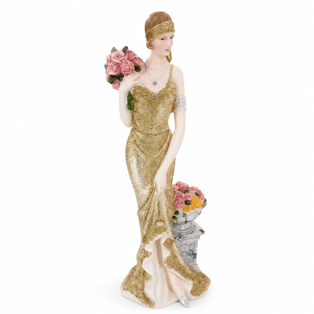 Comfy Hour 13 Inch Victorian Lady Figurine, Art Deco Gold Dress Statue