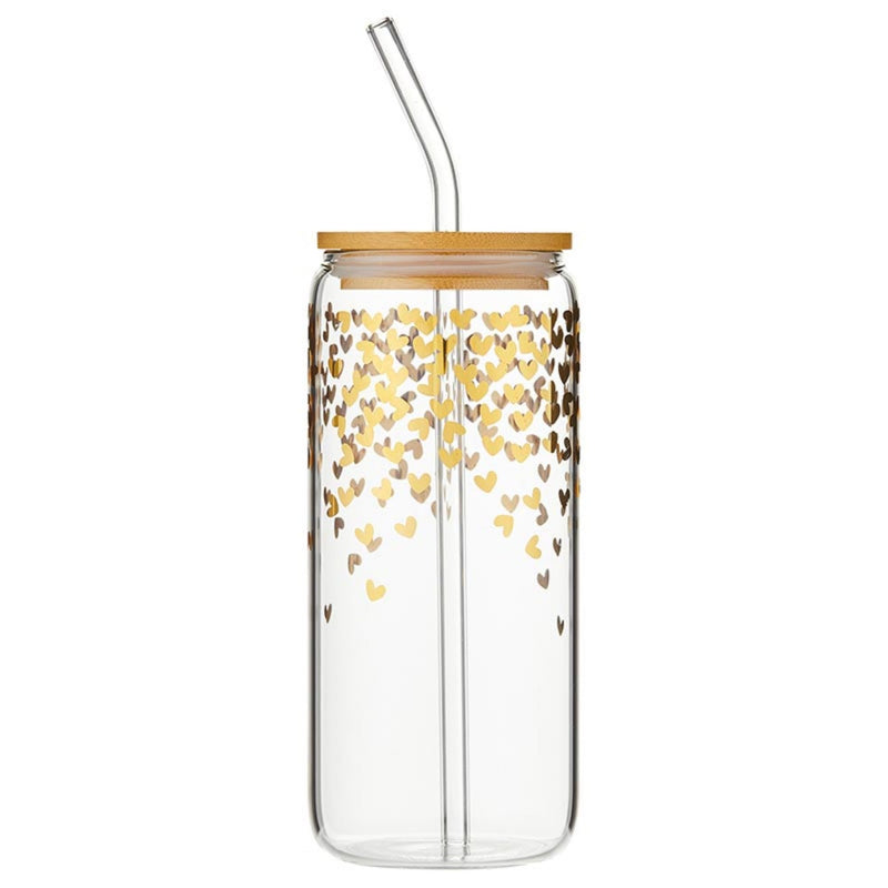 Santa Barbara Design Studio Wedding Cold Brew Glass Tumbler With Lid And Straw Glass Cup with Bamboo Lid, 20-Ounce, Hearts