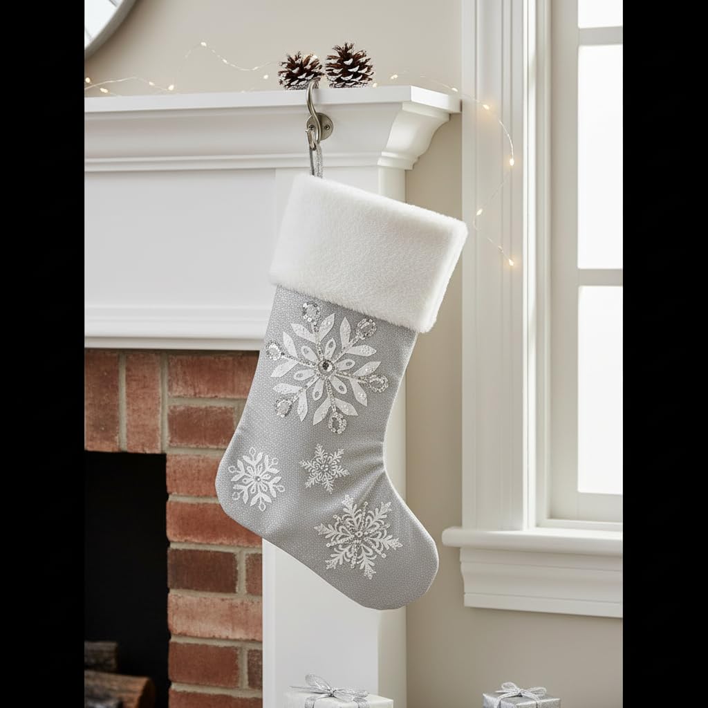Comfy Hour 18 Inch Christmas Stocking, Silver Snowflake Decor, 1 Unit