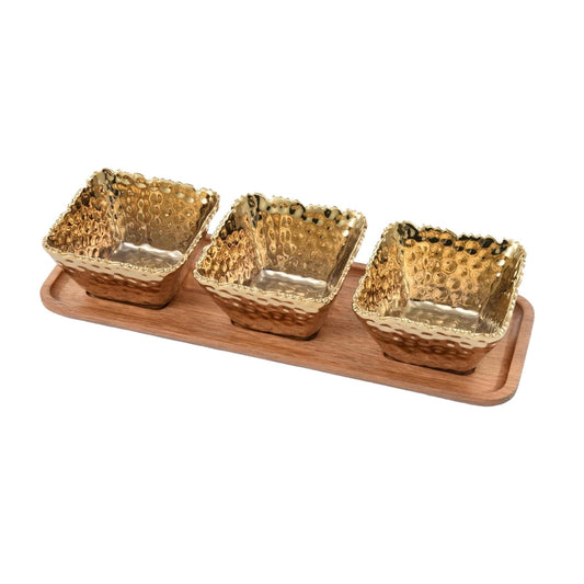 Pampa Bay Gold Porcelain Entertaining Set, 3 Square Snack Bowls with Wood Tray