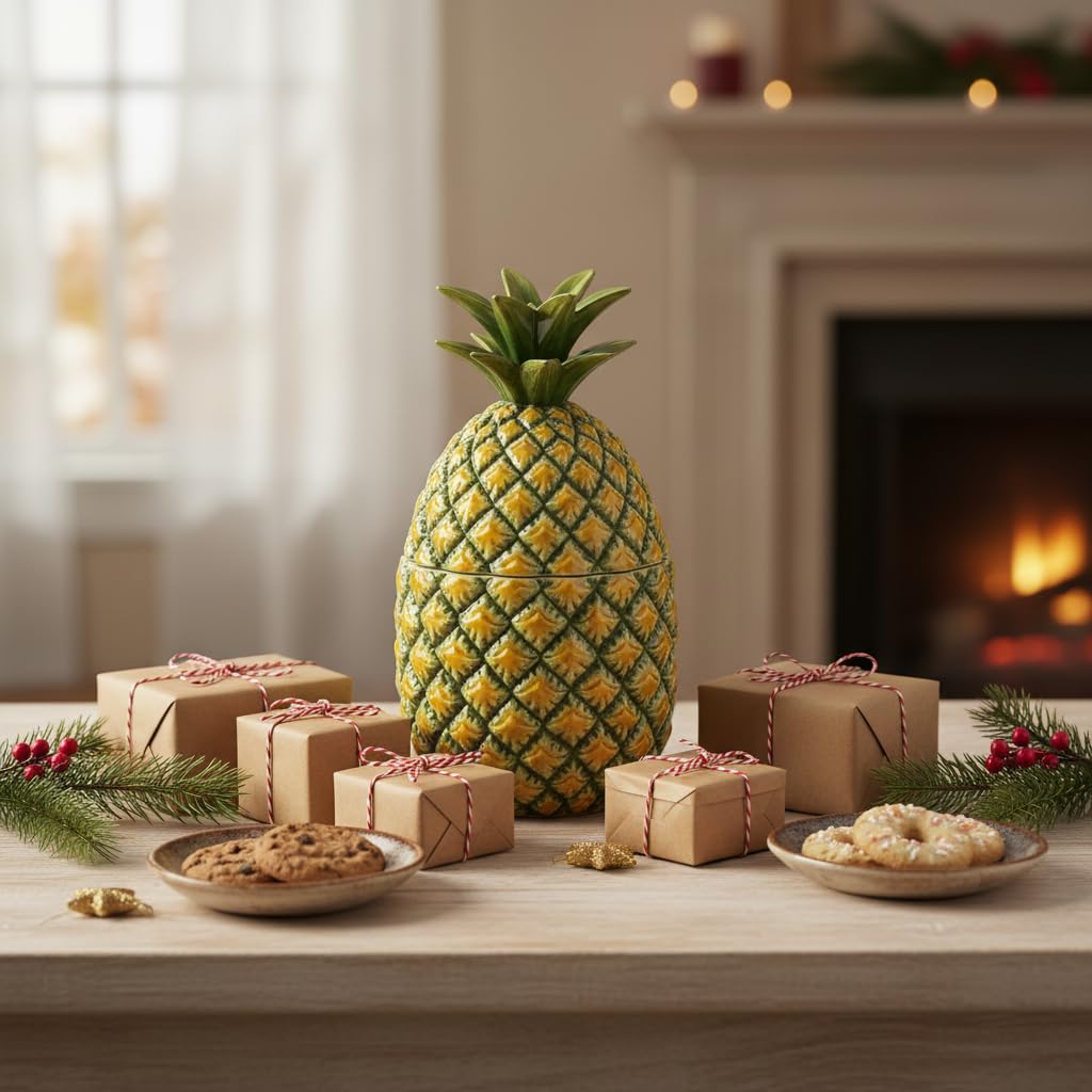 Comfy Hour Farmhouse Home Decor Collection 9" Pineapple Storage Jar Candy Jar Cooky Jar Cookie Jar with Lid, Green and Yellow, Dolomite
