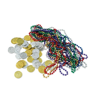 Beistle Plastic Treasure Loot 62 Piece Coins and Necklaces, Party Favors, Pirate Decorations, 33"/ 1.5", Multicolored