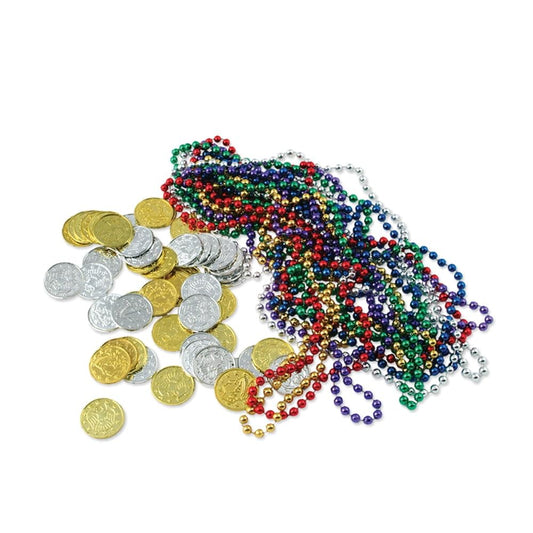 Beistle Plastic Treasure Loot 62 Piece Coins and Necklaces, Party Favors, Pirate Decorations, 33"/ 1.5", Multicolored