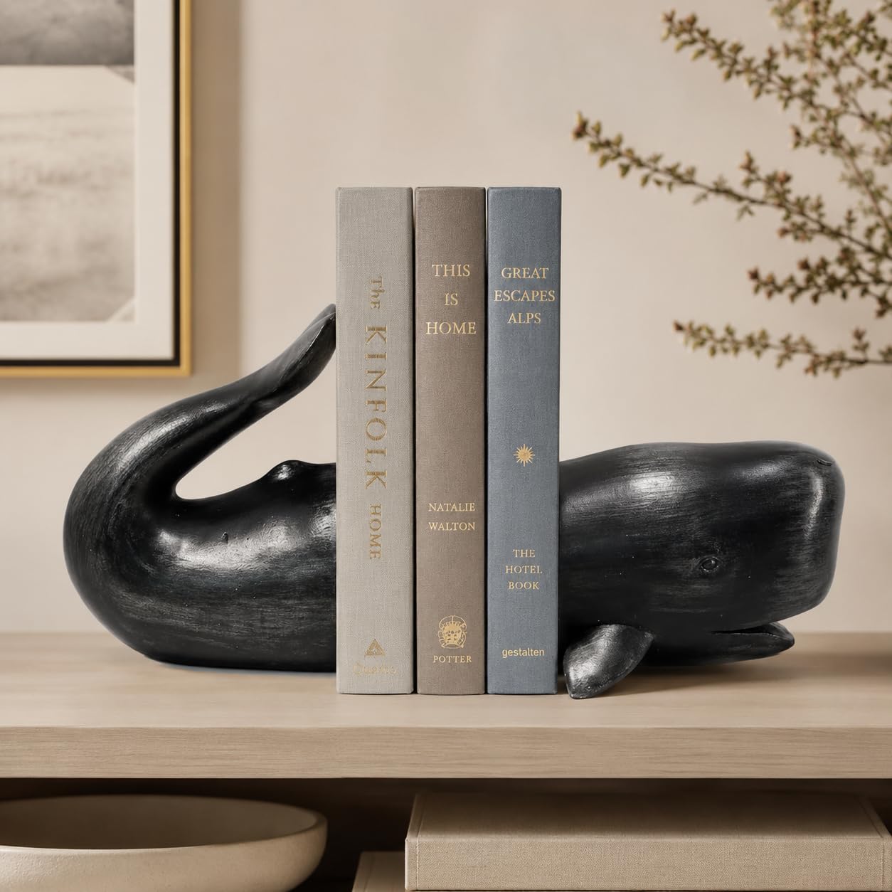 Comfy Hour Farmhouse Home Decor Collection Resin Set 2 Whale Bookends Art Bookends Solid Heavy Weight, Black