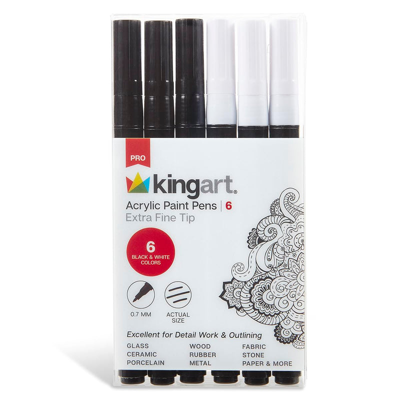 KINGART 453-6A PRO Black & White 6 Ct.(3 ea.) Extra Fine Paint Pens, 0.7mm Tip, Low-Odor Water-Based Quick Dry Acrylic Paint Markers for Rock, Wood, Metal, Plastic, Glass, Ceramic & More