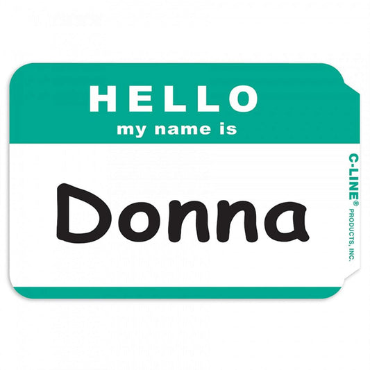 Pens C-Line Pressure Sensitive Peel and Stick Badges, Hello My Name Is, Green, 3.5 x 2.25 Inches, 100 per Box (92233)