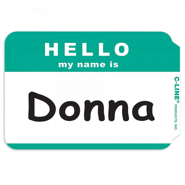 Pens C-Line Pressure Sensitive Peel and Stick Badges, Hello My Name Is, Green, 3.5 x 2.25 Inches, 100 per Box (92233)