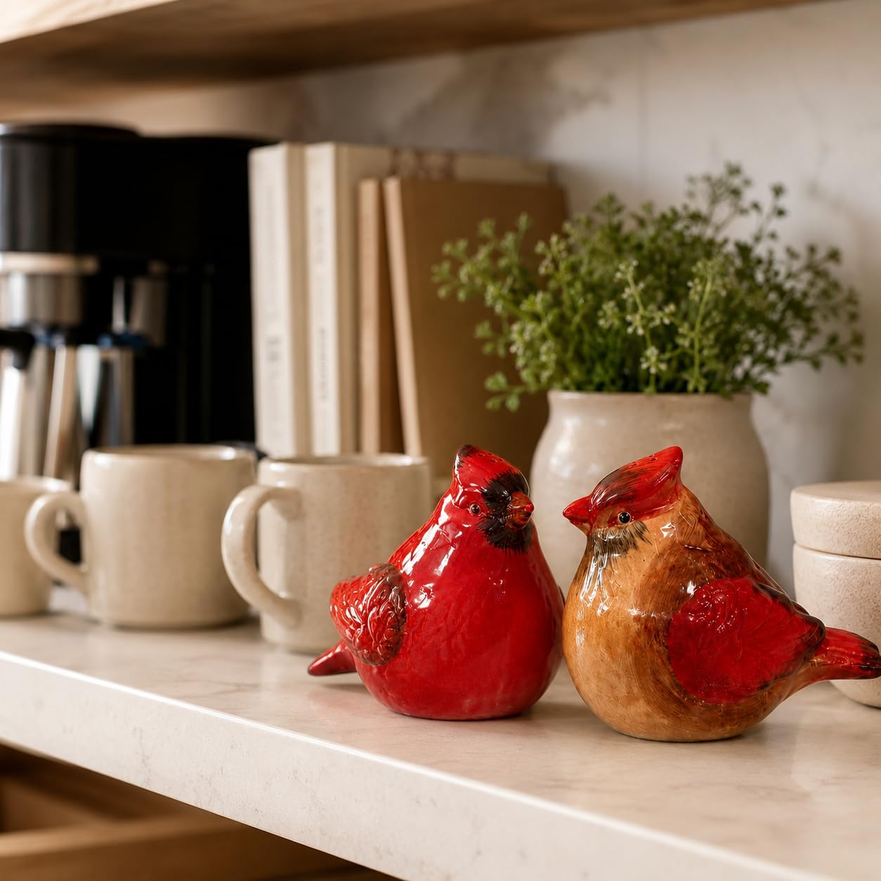 Comfy Hour Farmhouse Collection 3" Two Red Feather Cardinals Salt and Pepper Bottle Stoneware Figurine, Set of 2