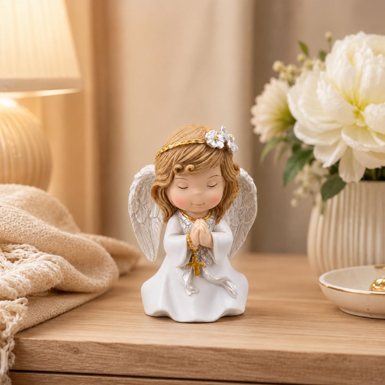 Comfy Hour 5 Inch Catholic Angel Statue, Praying Girl with Gold Cross