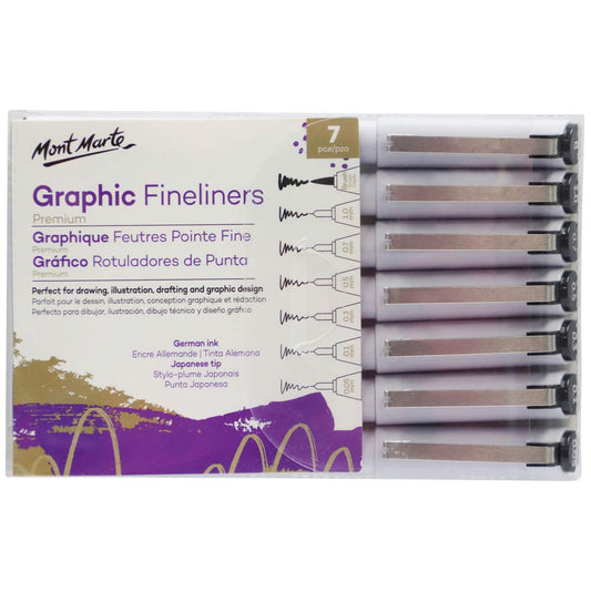 Mont Marte Premium Graphic Fineliners, 7 Piece, Assorted Nib Styles, Lightfast, German Ink