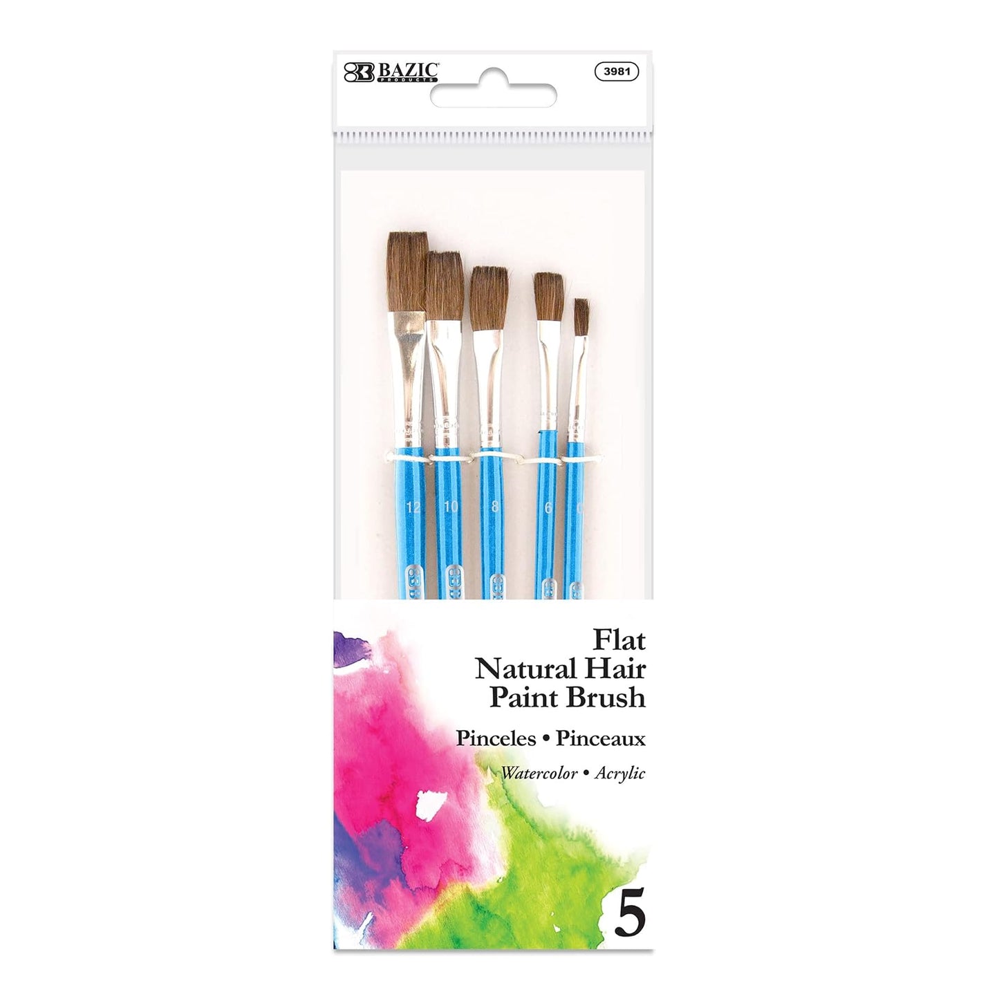 BAZIC Flat Natural Hair Paint Brush Set, Great for Acrylic Oil Watercolor Gouache Body Painting Skin Art Artist (5/Pack), 1-Pack