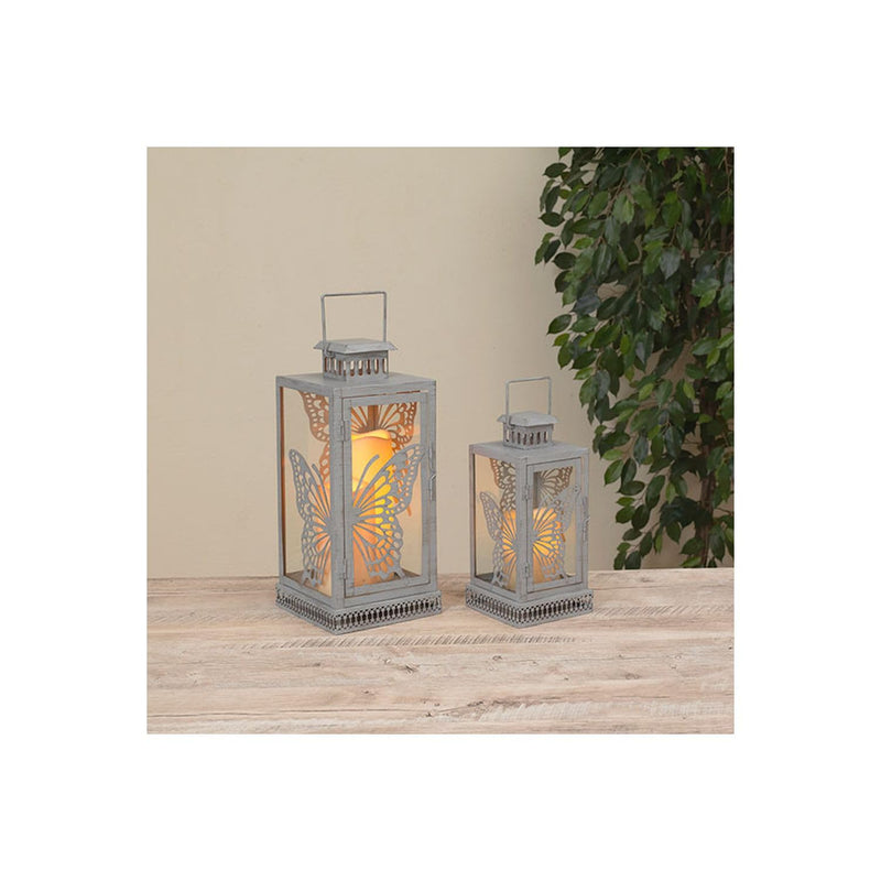 Gerson Company Set of 2 Metal & Glass Butterfly Lanterns 14.1" H