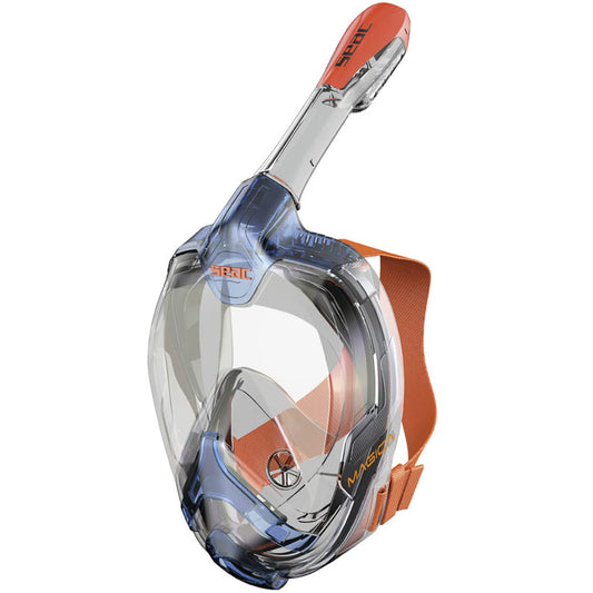 SEAC Magica, Full Face Antifog Snorkelling Mask with Soft Facial Skirt in 2 Sizes, Exhalation Valve and Dry Snorkel Top, Blue/Orange, Small/Medium