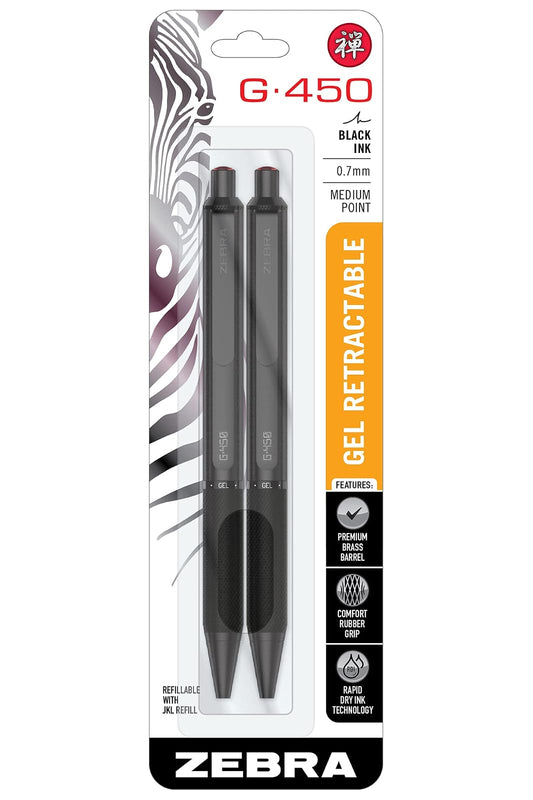 Zebra Pen G-450 Retractable Gel Pen, Black Brass Barrel, Medium Point, 0.7mm, Black Ink, 2 Count (Pack of 1) (49512), Black, Refillable