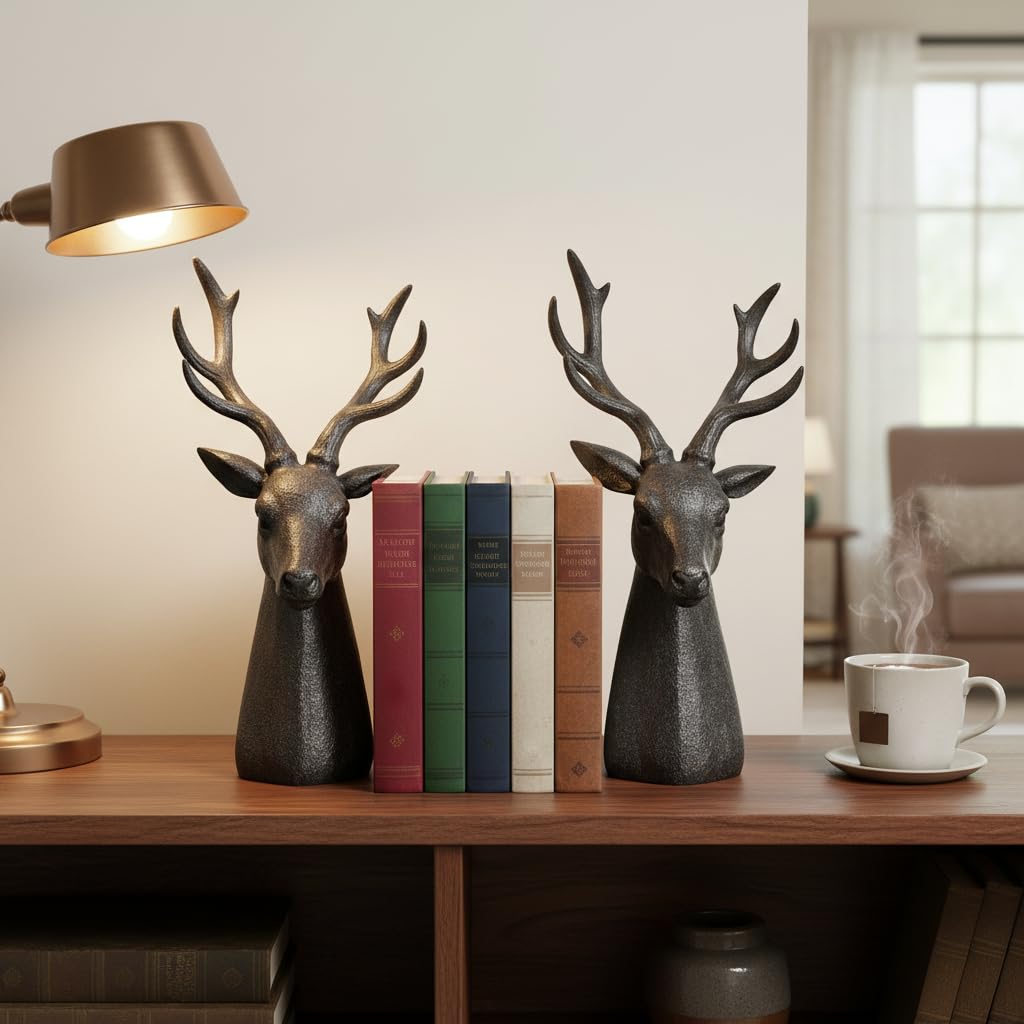 Comfy Hour Farmhouse Collection Resin Set Of 2, Deer Head Art Bookends, Solid Heavy Weight, Black
