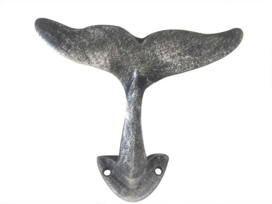 Hampton Iron Antique Silver Cast Iron Decorative Whale Hook 5 Inch - Decorative Hook - Metal Wall Hook