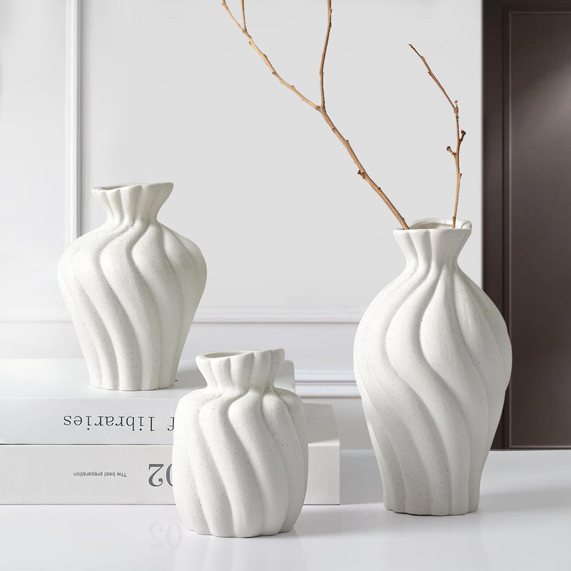 ComSaf White Ceramic Vase Set of 3 - Versatile Flower Vase Modern Vases for Room, Bathroom, Coffee Table, Dining Table, Bookshelf,Shelf Decor, Fireplace, Kitchen, Living Room, and Office